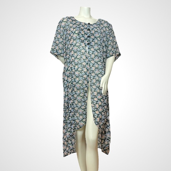 Vintage Cover-Up Open Dress Button-Front Robe Floral Short Sleeves Plus Size‎ 20 - Picture 1 of 13